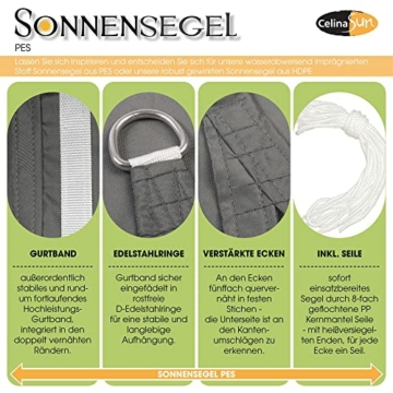 CelinaSun Sonnensegel inkl Befestigungsseile Premium PES Polyester wasserabweisend imprägniert Rechteck 2 x 3 m hell grau - 2