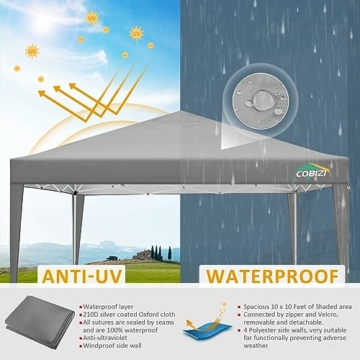 COBIZI Pop up Pavillon 3x3, Faltpavillon 3x3 Wasserdicht Stabil Winterfest |8X Heringe|4X Windseil|UV-Schutz 50+|Hoch Dichte Plane| Pavillon Faltbar 3x3m Partyzelt Faltpavillon 3x3 Gartenpavillon - 4