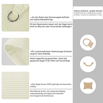 EUGAD Sonnensegel Rechteck 4x5m Sonnenschutz 200g/m² Garten Balkon Terrasse HDPE Wetterschutz atmungsaktiv Creme 0208ZYF - 3