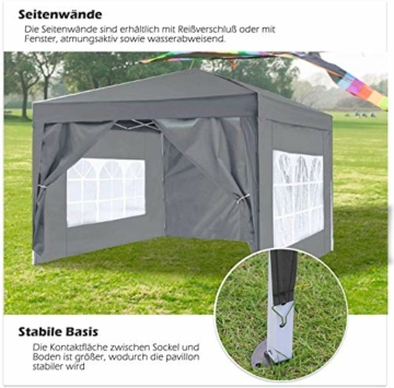 ISE 3x3m Garten Faltpavillon Pavillon inkl.Tragtasche,Gartenzelt,UV-Schutz 50+ mit 4 seitenteilen für Garten,Grau - 3