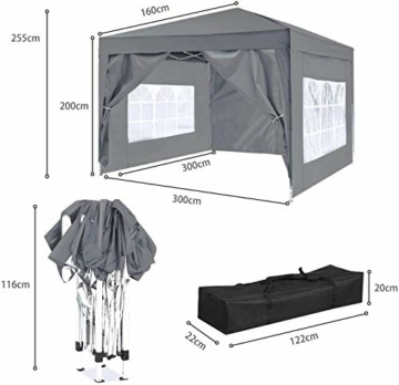 ISE 3x3m Garten Faltpavillon Pavillon inkl.Tragtasche,Gartenzelt,UV-Schutz 50+ mit 4 seitenteilen für Garten,Grau - 5