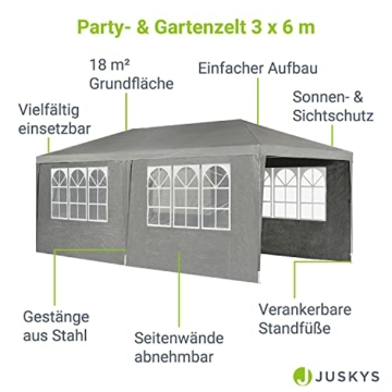 Juskys Partyzelt 3x6 m mit 6 abnehmbaren Seitenwänden & Dach - 18 m² - 12 Erdhaken & 6 Seile - Festzelt für Garten Party Hochzeit Gartenpavillon Gartenzelt Pavillon - Grau - 3