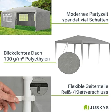 Juskys Partyzelt 3x6 m mit 6 abnehmbaren Seitenwänden & Dach - 18 m² - 12 Erdhaken & 6 Seile - Festzelt für Garten Party Hochzeit Gartenpavillon Gartenzelt Pavillon - Grau - 4