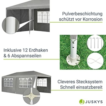 Juskys Partyzelt 3x6 m mit 6 abnehmbaren Seitenwänden & Dach - 18 m² - 12 Erdhaken & 6 Seile - Festzelt für Garten Party Hochzeit Gartenpavillon Gartenzelt Pavillon - Grau - 5