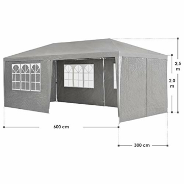 Juskys Partyzelt 3x6 m mit 6 abnehmbaren Seitenwänden & Dach - 18 m² - 12 Erdhaken & 6 Seile - Festzelt für Garten Party Hochzeit Gartenpavillon Gartenzelt Pavillon - Grau - 6