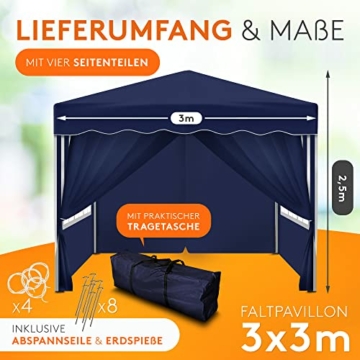 Kronenburg Faltpavillon wasserdicht Dachmaß 3 x 3 m UV Schutz 50+ Pavillon in Blau mit 4 Seitenteilen - 2