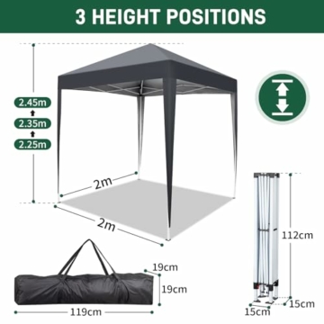 LEADZM 2x2m Pavillon,Pop-up Faltpavillon,UV Schutz 50+,Höhenverstellbar,mit 4 Seitenteilen,für Outdoor, Garten, Party, Camping (Dunkelgrau-4 Seitentuch) - 4