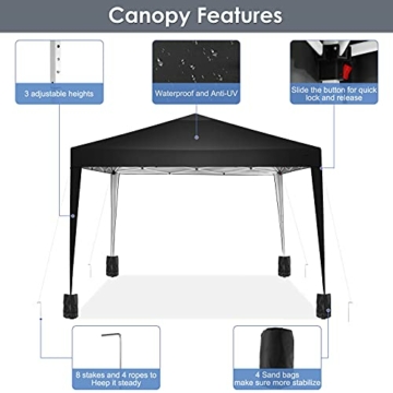 TOOLUCK Pavillon 3x3m Wasserdicht Stabil Faltpavillon Pop up Gartenpavillon Partyzelt Bierzelt Faltbar Gartenzelt mit 4 Sandsack, Höhenverstellbar, Schwarz - 3