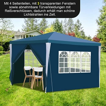 Yakimz 3x3M pavillon Wasserdicht Gartenpavillon Stabil Winterfest Partyzelt mit 4 Seitenteilen und Fenstern, Gartenpavillon Sonnenschutz Festzelt für Party, Marktstand, Festival, Blau - 4