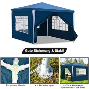 Yakimz 3x3M pavillon Wasserdicht Gartenpavillon Stabil Winterfest Partyzelt mit 4 Seitenteilen und Fenstern, Gartenpavillon Sonnenschutz Festzelt für Party, Marktstand, Festival, Blau - 5