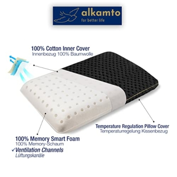 alkamto Reisekissen – Campingkissen – Ergonomisches Memory-Schaum-Kissen mit Temperaturregulierendem Bezug – Extra Baumwollbezug – Inklusive Reisetasche (40 x 25 x 10 cm - Schwarz) - 4