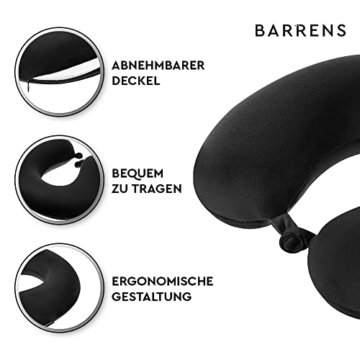 BARRENS Memory Foam Reisekissen | 31x9x28 cm | Leichtes, bequemes Nackenkissen | Kleines Kissen für Reisen im Auto, Flugzeug, Zug, Hotel und Camping | Schwarz - 5
