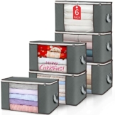 Budding Joy 6 Stück 90L Aufbewahrungstasche, Aufbewahrungsbox mit Deckel Große, Kleider Aufbewahrung Umzugskartons, Faltbare Unterbett Kleiderschrank für Kleidung Bettdecken und Bettwäsche,Grau - 1