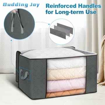 Budding Joy 6 Stück 90L Aufbewahrungstasche, Aufbewahrungsbox mit Deckel Große, Kleider Aufbewahrung Umzugskartons, Faltbare Unterbett Kleiderschrank für Kleidung Bettdecken und Bettwäsche,Grau - 3