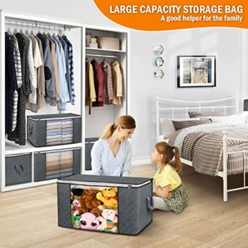 Budding Joy 6 Stück 90L Aufbewahrungstasche, Aufbewahrungsbox mit Deckel Große, Kleider Aufbewahrung Umzugskartons, Faltbare Unterbett Kleiderschrank für Kleidung Bettdecken und Bettwäsche,Grau - 4