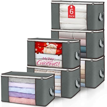 Budding Joy 6 Stück 90L Aufbewahrungstasche, Aufbewahrungsbox mit Deckel Große, Kleider Aufbewahrung Umzugskartons, Faltbare Unterbett Kleiderschrank für Kleidung Bettdecken und Bettwäsche,Grau - 1