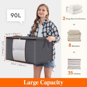 Lifewit 3 Stück 90L Aufbewahrungstasche, Aufbewahrungsbox mit Deckel, Groß Kleideraufbewahrung Umzugskartons, Faltbare Aufbewahrung Boxen für Bettdecken Decken Kleidung Unterbett Kleiderschrank, Grau - 2