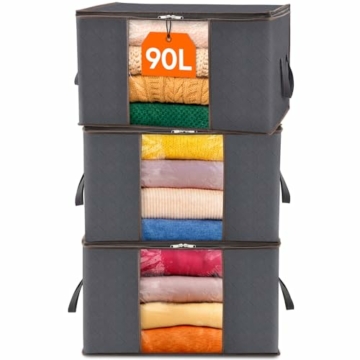 Lifewit 3 Stück 90L Aufbewahrungstasche, Aufbewahrungsbox mit Deckel, Groß Kleideraufbewahrung Umzugskartons, Faltbare Aufbewahrung Boxen für Bettdecken Decken Kleidung Unterbett Kleiderschrank, Grau - 1