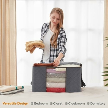 Lifewit 3 Stück 90L Aufbewahrungstasche, Aufbewahrungsbox mit Deckel, Groß Kleideraufbewahrung Umzugskartons, Faltbare Aufbewahrung Boxen für Bettdecken Decken Kleidung Unterbett Kleiderschrank, Grau - 7