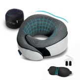 Proglobe Nackenkissen Flugzeug, Reisekissen 100% Memory Foam, Orthopädisches Nackenhörnchen, Ideal für Reisen mit Flugzeug, Auto, Zug, Mit 3D-Schlafmaske, Ohrstöpsel, Hochwertige Netztasche, Grau - 1